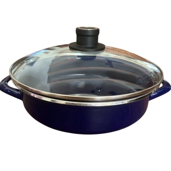 Woll Blue Enamel Round 2 1/2 Quart Casserole With Glass Lid Germany - Picture 1 of 5